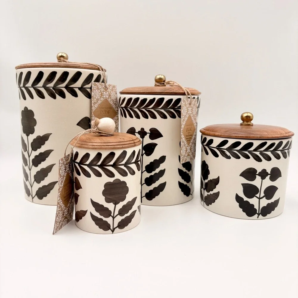 Made in India 4pc Ceramic Canister Set Black Cream Botanical Wood Lids New